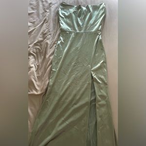 Sage green satin prom dress with lace back